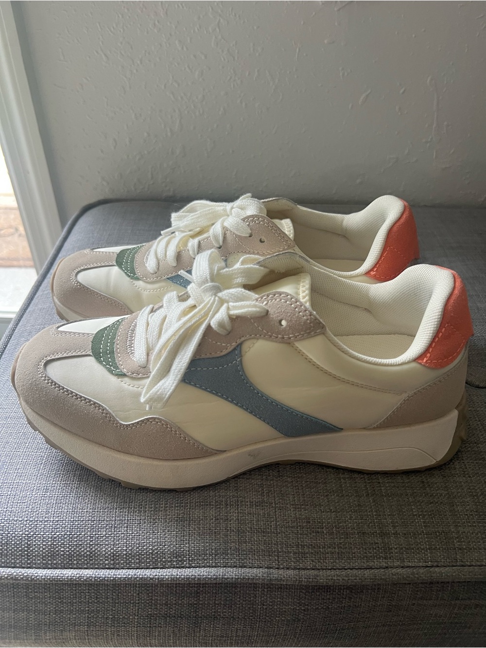 Time and Tru Women’s Cream Sneakers with Blue & Coral Accents